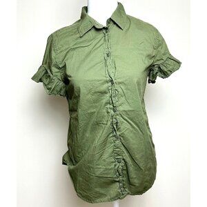 J CREW Womens Ruffled Short Sleeve 100% Cotton Button Top Size 2 Olive‎ AY686